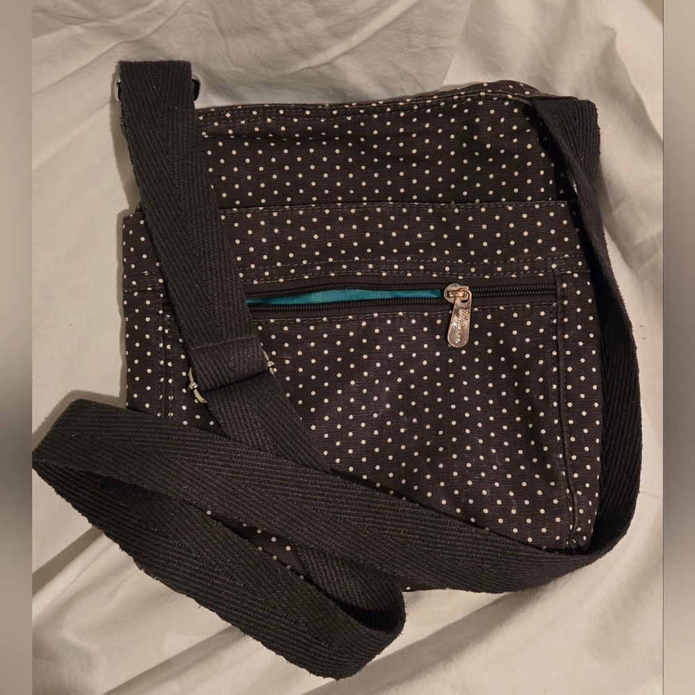Thirty- One Black Polka Dot Crossbody Bag with Front Zip Pocket